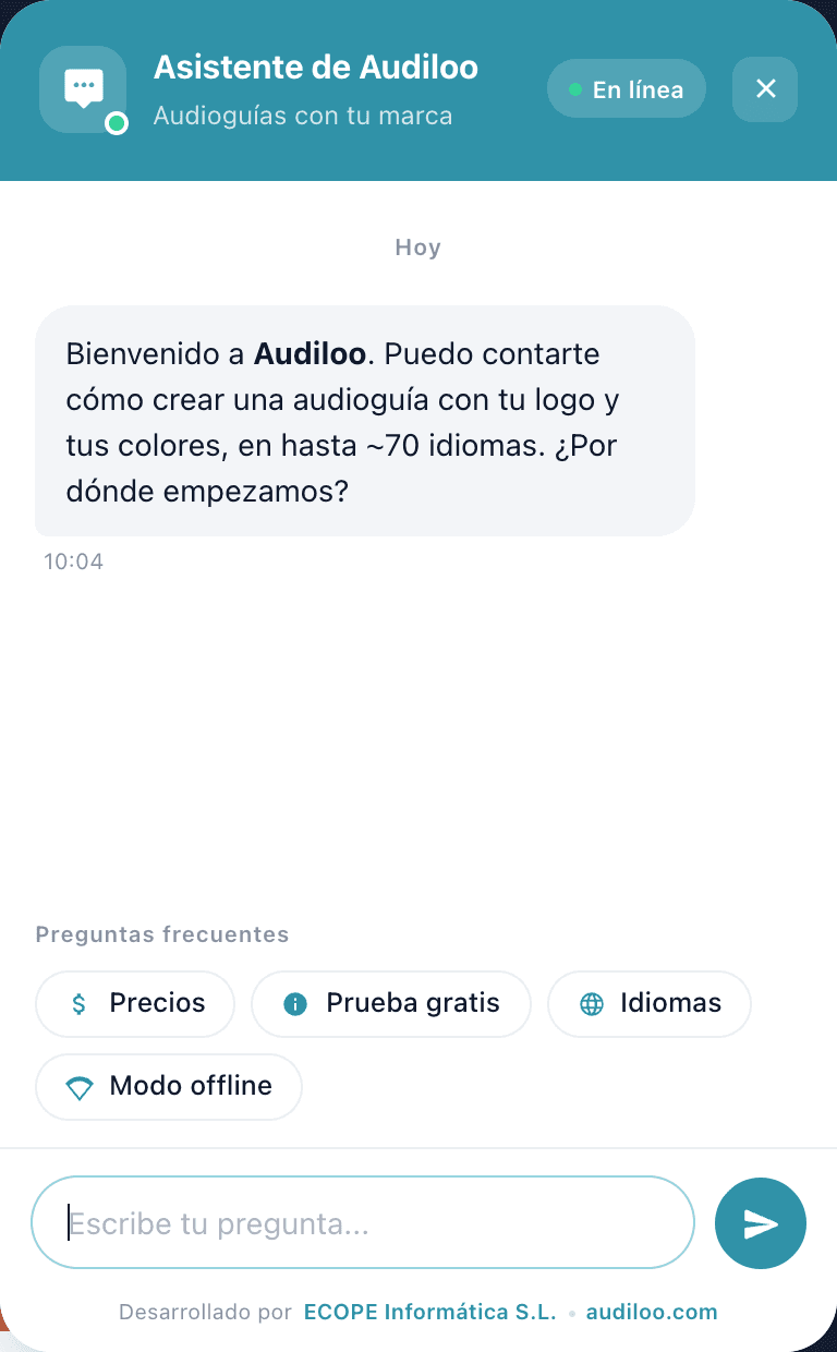 Business chatbot working on audiloo.com, an audio guide platform